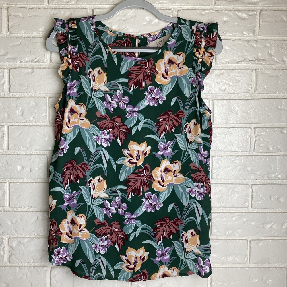 Loft Women's‎ PM Riffle Sleeveless Green Floral Blouse